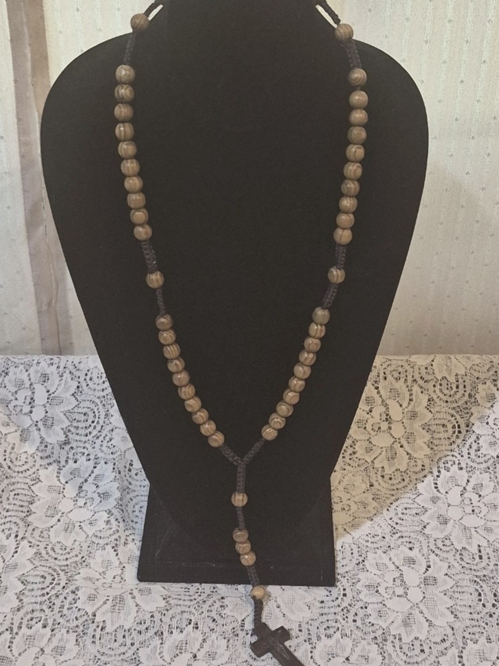 Handmade Olive Wood Rosary Necklace - 18.5" Catholic Prayer Beads Crucifix